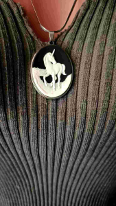 Fantasy Unicorn Cameo Stainless Silver Plated Pendant Jewelry Necklace
