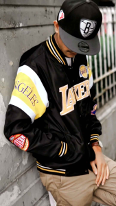 Jaket Varsity Baseball Oversize Full Bordir Bomber Jacket Lakers Series Black - Akar Official Shop