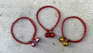 Kalung Kucing Prusik Merah 2 Lonceng Warna-warni
