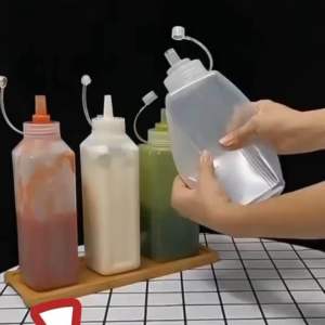 Chai nhựa dạng vuông đựng sốt/tương có nắp có vạch chia đa năng