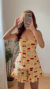 Terno pantulog Pink Cherry Print Camisole and Shorts Set with Ruffles.