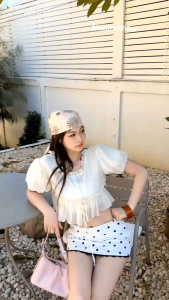 AimornShopp เสื้อครอปแขนตุ๊กตา ครอปคอกลมแต่งระบาย ผูกโบว์น่ารักๆ