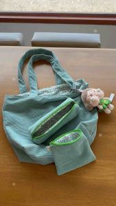 กระเป๋าลูกฟูกไปเรียน เซ็ต3ชิ้น ลายดอกไม้ สีเขียว💚