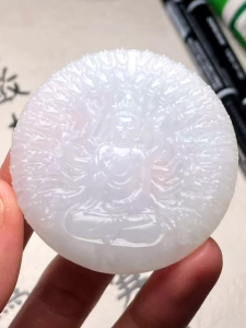 🌹100% Authentic Brand New Set (2 Certificates) "A" Grade Burmese Jade Thousand-hands Avalokitesvara 千手观音 pendant grandmaster hands crafted on high grade icy jadeite Diameter 55.7mm Thickness 6mm super big size lustrous surface rarely available sacred
