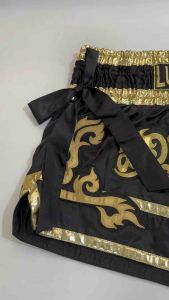 Ram Lumpini Satin Muay Thai Fight Shorts Black Gold with Black Ribbons Extra Large