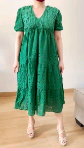 ●ECLAIRE● 003 Dress Midi Vneck Tiered Katun Bordir Embroidery Smocked Boho Casual Korea Oceania Premium Import 56200