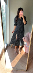 ●ECLAIRE● 043 Dress Midi Lengan Pendek Shortsleeves Slit Belahan Motif Floral Flower Bunga Korea Kasual Casual Pesta Kondangan Import 9911