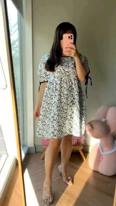 ●ECLAIRE● 043 Dress Mini Lengan Pendek Shortsleeves Lengan Pita Motif Floral Flower Bunga Korea Kasual Casual Pesta Kondangan Import 9914