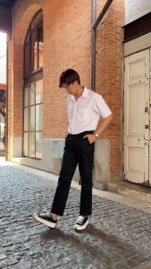 เครื่องดื่มกางเกงสแลคผู้ชาย กระบอกด้วยสีดำ สีกรม ผ้ากำมะดิน ยืด