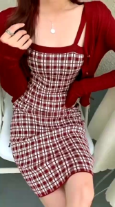 dandelia / dress Tartan Knitt Bodycon  2178 / Mini Dress Wanita Motif Kotak - Kotak Tanpa Cardigan (Without Cardigan)