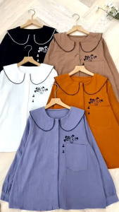 Basic Korean Collar Blouse Muslimah // Atasan Linen Bordir Flo Shafa Premium Ramadhan Lebaran