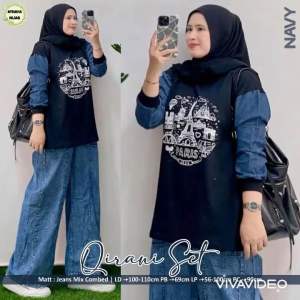 Outfit Baju Wanita Viral Qirani Set By Athaya Setelan Kaos Wanita Lengan Panjang Dan Kulot Jeans Cargo Oneset Baju Wanita Model Terbaru Setcel Jumbo Oversize model Kekinian ONE SET Casual allsize Fit M to XXL
