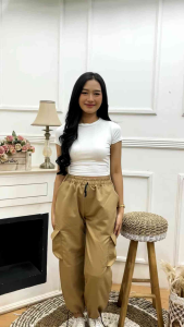 CELANA CARGO WANITA TALI SERUT STYLE KOREA BAHAN SEMI WOLL