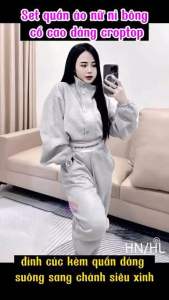 Set Bộ Nỉ Nữ Thể Thao Bộ Nỉ áo Croptop Cổ Cao Đính Cúc Kèm Quần Dáng Suông Cạp Chữ Siêu Xinh