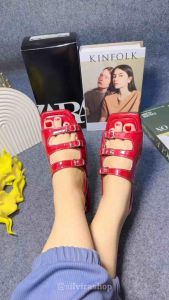 Sandal Selop Zara Bentuk Kotak Garis 3 Glossy Sandal Wanita Kekinian Kode SM23