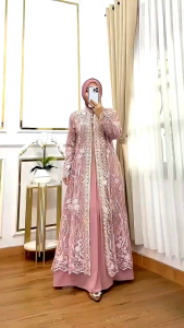 Gamis Set Outer Inner Brukat Renda Navy Mewah: Fashion Muslim Perempuan Dress Wanita Pesta