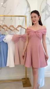 ชุดเดรส ชุดออกงาน ชุดราตรี F296 สายเดี่ยวแต่งโบว์ออแกนดี้มัดออก