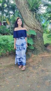 เดรสปาดไหล่สม็อคใต้อกลายขยุ้มครามเข้นบนสวยมากๆ 💙