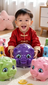 Piggy bank toys for adults and children in various colors with cartoon eyes suitable for pretend play.