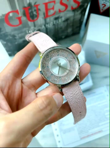 เครื่องดื่มนาฬิกาผู้หญิง DAHLIA PINK ตัวเรือนสแตนเลสสีเงินหน้าปัดสีเงินสายหนังสีชมพูลายดอกดาห์เลีย หน้าปัด 40 มิล