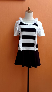 atasan crop top wanita putih hitam salur SALLY cewek M lengan pendek cute blouse