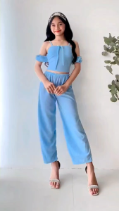 Girls Off Shoulder Top and Wide Leg Pants Set 7-10 Years Old | Kids Casual Party Outfit