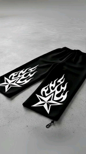 SMUSHKIDS Celana Baggy Skena Anak Panjang Gombrong Star Putih Usia 7-12 Tahun Fleece Hitam VOL016