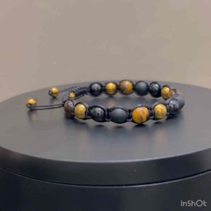 CW Manila - ZEUZ Braided Bracelet - 8mm Tigers Eye Stone Onyx and Gold Hematite - Semiprecious Fashion Jewelry