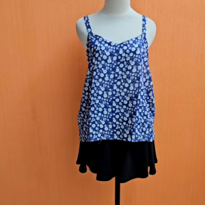 atasan tank top wanita biru motif bunga putih XL cewek jumbo santai cute