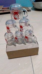 6 pcs Gelas Kopi gagang pendek beling hello kitty