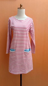 mini midi dress wanita putih salur merah YOONIE cewek L lengan panjang cute KOREAN kantong kiri kanan