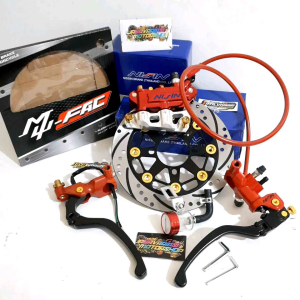 Paketan Hemat Handle Master Rem Red Series 1Set+ Piringan Cakram 220mm+ Kaliper Monoblok 4Piston 4P+ Breket 4P 220mm+ Baut Probolt Gold Honda + Selang Rem Carbon Depan 95cm Pnp Matic Honda Vario 110 125 150 Old/ Vario 160 Cbs/ Beat/ Genio/ Scoopy/ Spacy