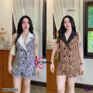 18892 Set เสื้อคอปก แขนกุด+กางเกงขาสั้นลายม้าลาย