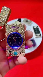 Bật lửa đồng hồ Gold đa năng chất liệu hợp kim kẽm mạ vàng tích hợp đồng hồ và đèn pin - full box