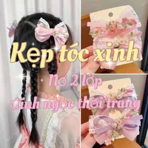 Kẹp Tóc Hình Nơ Hai Lớp Phối Ren Đính Ngọc Nụ Hoa Xinh Xắn Cho Bé Gái Bạn Gái