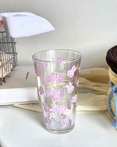 แก้วน้ำ 450 ml มีหลอด แก้วกาฟ ลายกระต่าย น่ารัก สีชมพู วัสดุแก้ว ส่งจากกรุงเทพ