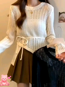 Sweater Rajut Berongga Wanita Lengan Panjang Jaring Tali Knitwear Premium Acrylic - Baju Atasan Blouse Korean Outer