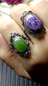 (Big Stone) Nephrite Jade/ Purple Charoite Crystal Adjustable Ring Silver S925 (大戒面)天然和田玉紫龙晶水晶石可调节戒指 S925银 戒面成色超美超值