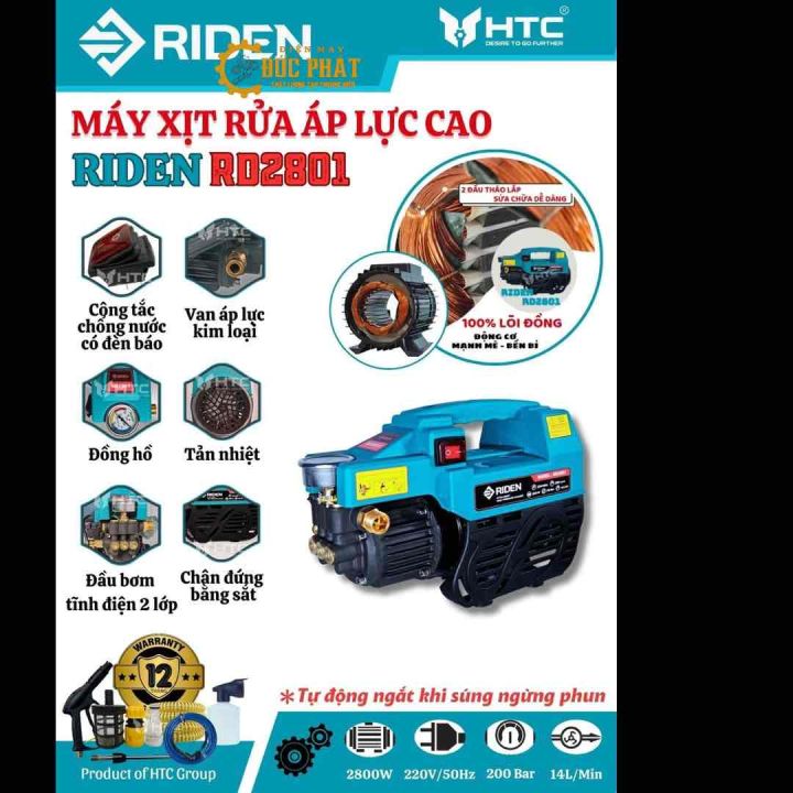 MÁY XỊT RỬA CAO ÁP 100% dây  đồng, công suất 2800W  áp lực 200bar lưu lượng nước 14L/p HIỆU RIDEN, RD2801