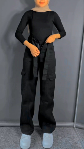 Celana Cargo Jeans Higwaist Loose Wanita Pinggang Tali J41 Korean Style