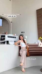 🌷New🌷กางเกงเอวสูงขาม้าลายริ้วผ้าโรเชฟพรีเมียม