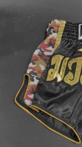 Lumpinee Satin Retro Muay Thai Fight Shorts Black with Red Camou Mesh