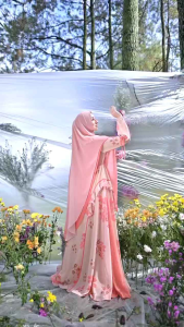 Set Gamis Dress Ceruty Babydoll Printing Premium Syari Branded Biru Muda