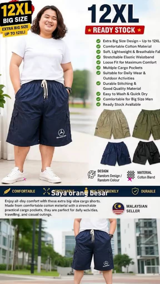 12XL Pant Extra Big Size Men Short Pants Cargo Seluar Pendek Lelaki Besar Plus
