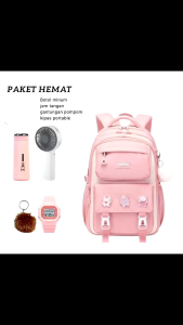 Tas Ransel Anak Perempuan Sekolah SD SMP Model Karissa Gratis Jam Tangan Botol Minum Kaca Kipas Angin Mini dan Gantungan Pompom Tas Ransel
