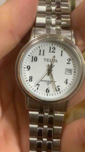 Đồng hồ nam hiệu TELVA Quartz size 35mm 1 lịch máy to có đèn sáng mặt trắng cọc số học trò dây thép không gỉ khóa thông minh chống nước 3BAR