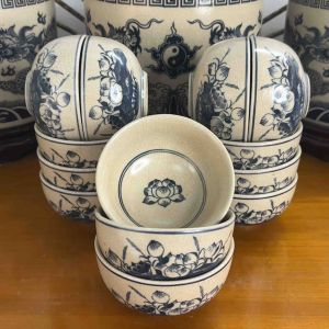 Bát ăn cơm men rạn Bát Tràng vẽ hoa sen - Bát cơm thờ - Chén cơm cúng Bát Tràng