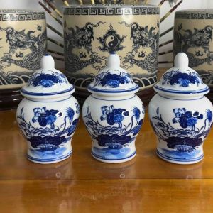 Choé thờ men lam Bát Tràng vẽ sen Hũ đựng muối gạo nước thờ cúng chất liệu gốm sứ hoạ tiết hoa sen