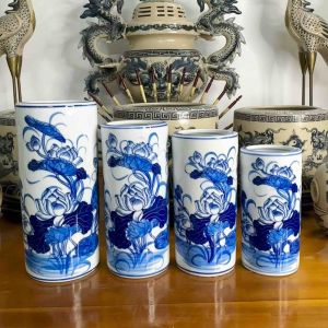 Ống cắm hương ống cắm đũa Bát Tràng Lọ đựng hương ống hương men lam men trắng hoạ tiết hoa sen