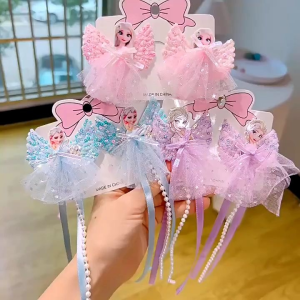 Set Jepit Rambut Anak Motif Sayap Elsa Pita Panjang Import